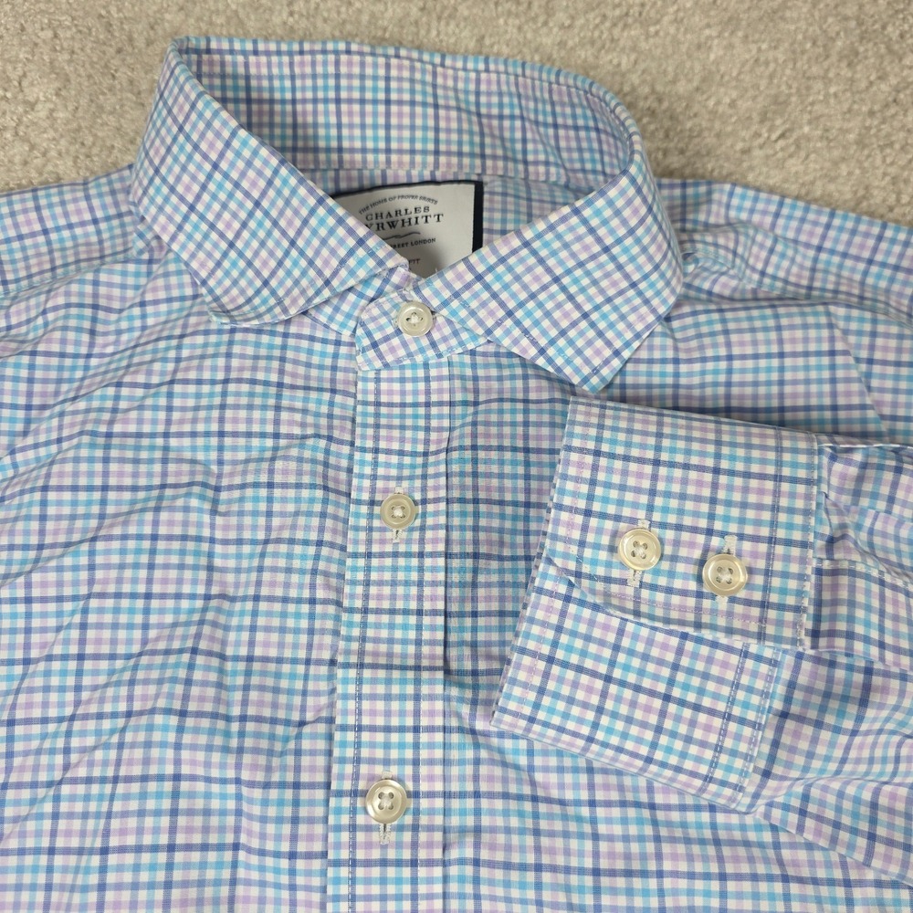Charles Tyrwhitt Shirt Mens 17/36 Blue Purple Check Classic Fit Non-Iron SS19